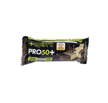 PRO 50+ - Barretta proteica da 50 g ricoperta di cioccolato. +WATT