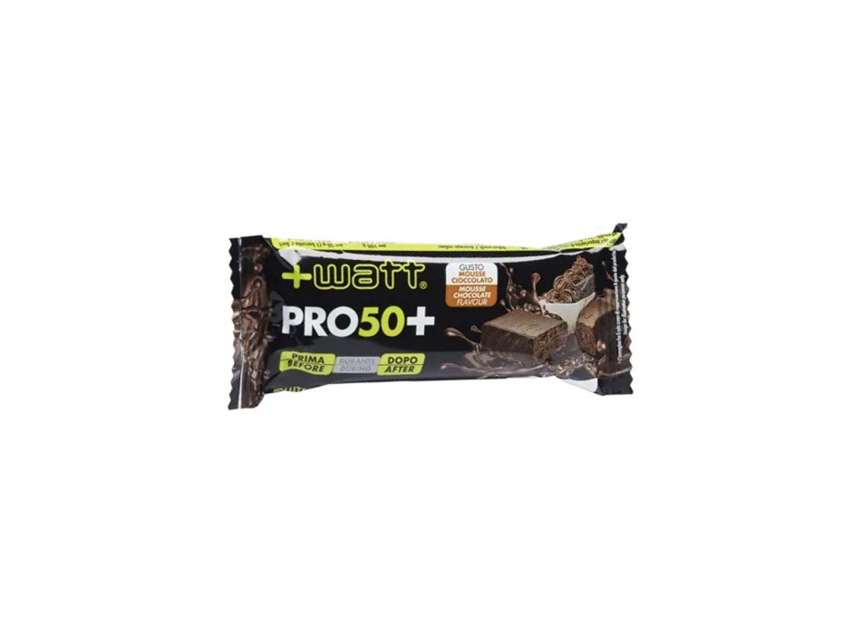 PRO 50+ - Barretta proteica da 50 g ricoperta di cioccolato. +WATT